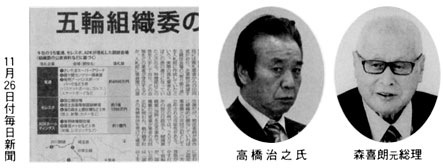 11月26日付朝日新聞 高橋治之氏 森喜朗元総理